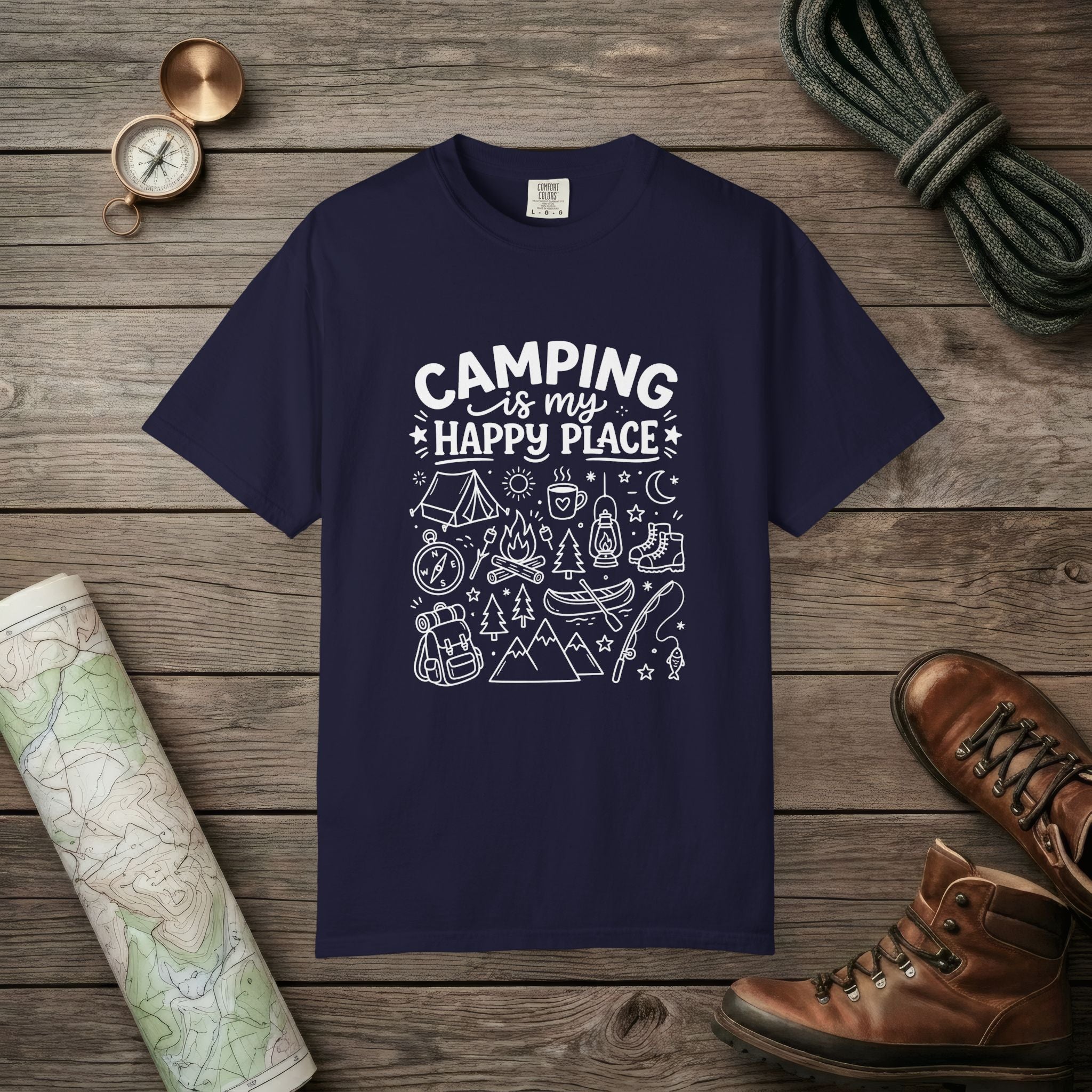 Camping Is My Happy Place Doodle T-Shirt