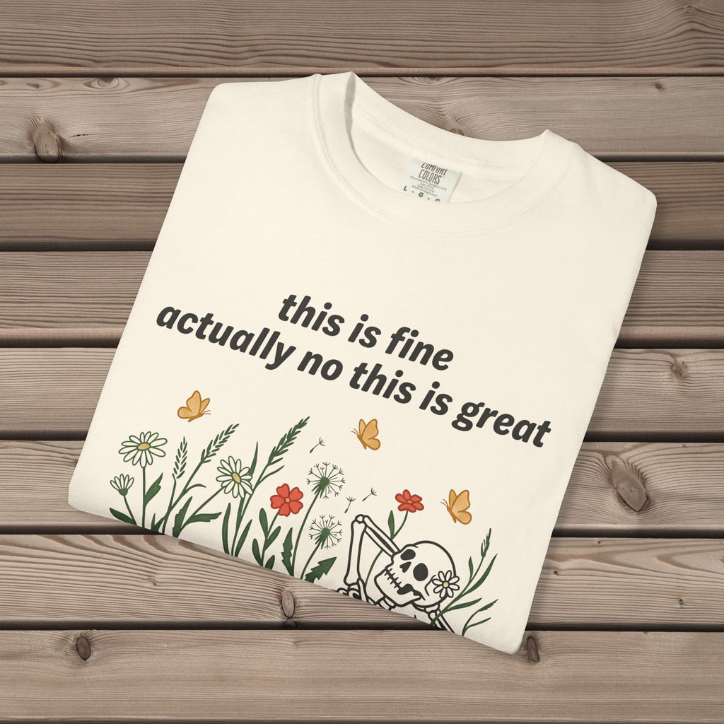 unisex graphic t-shirt with "Skeleton in Wildflower Field" design
