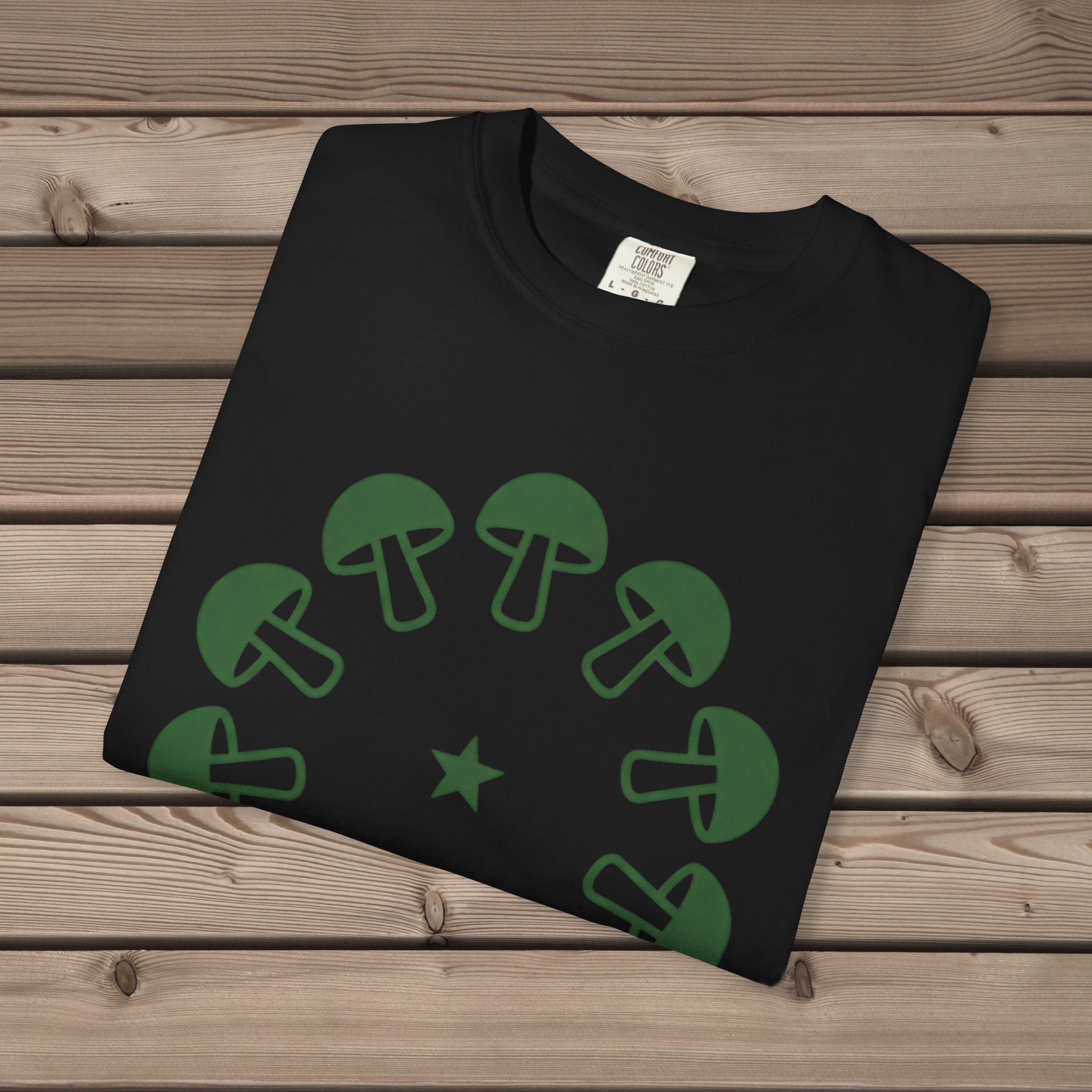 unisex graphic t-shirt with "Celestial Mushroom Ring" design
