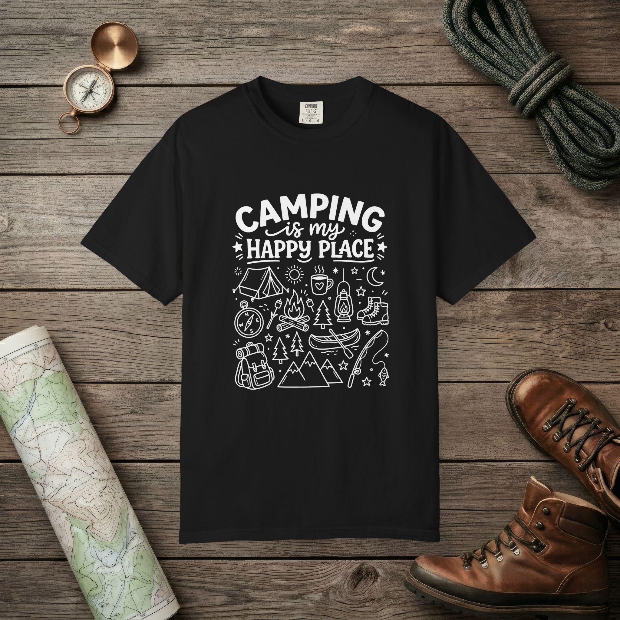Camping Is My Happy Place Doodle T-Shirt
