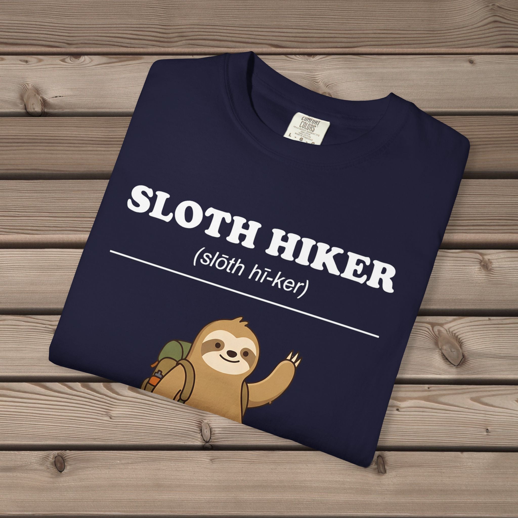 unisex graphic t-shirt with "Sloth Hiker Definition 2" design