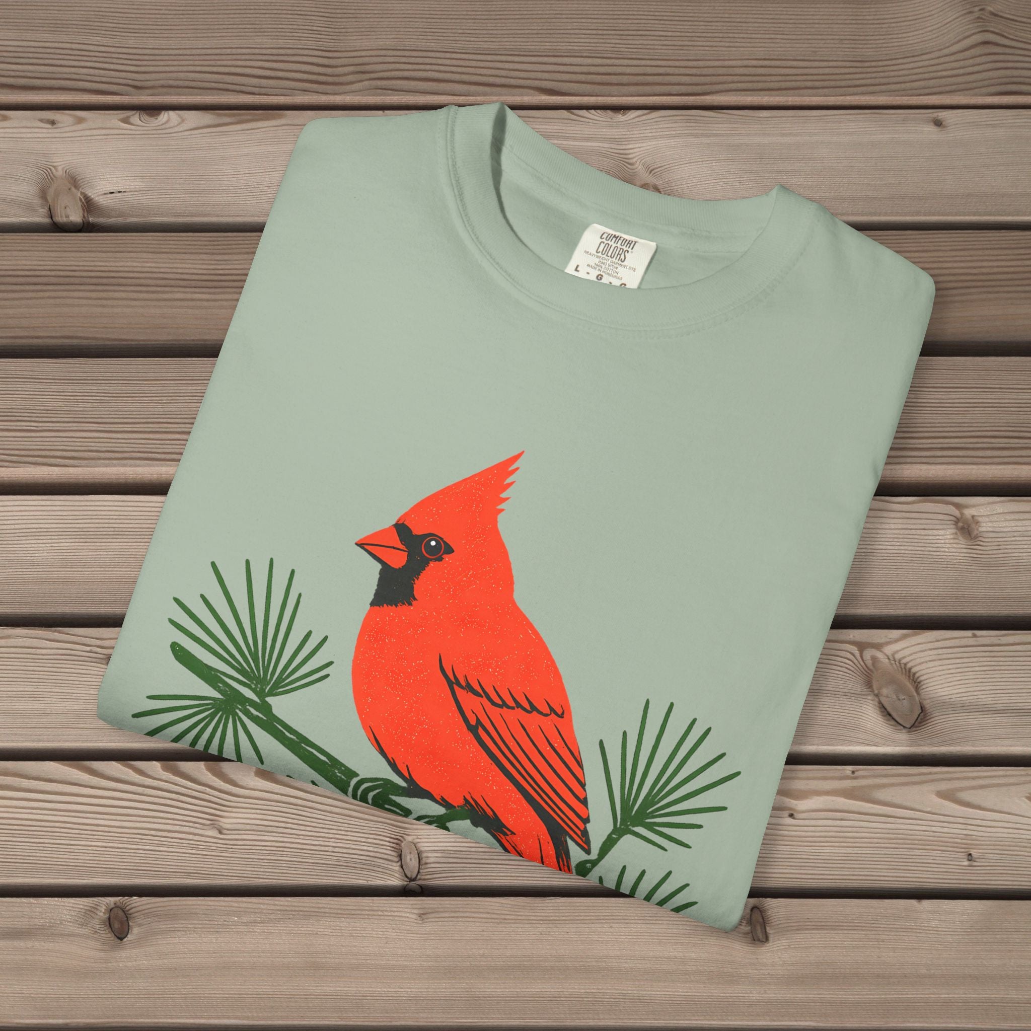 unisex graphic t-shirt with "Cardinal on Pine" design