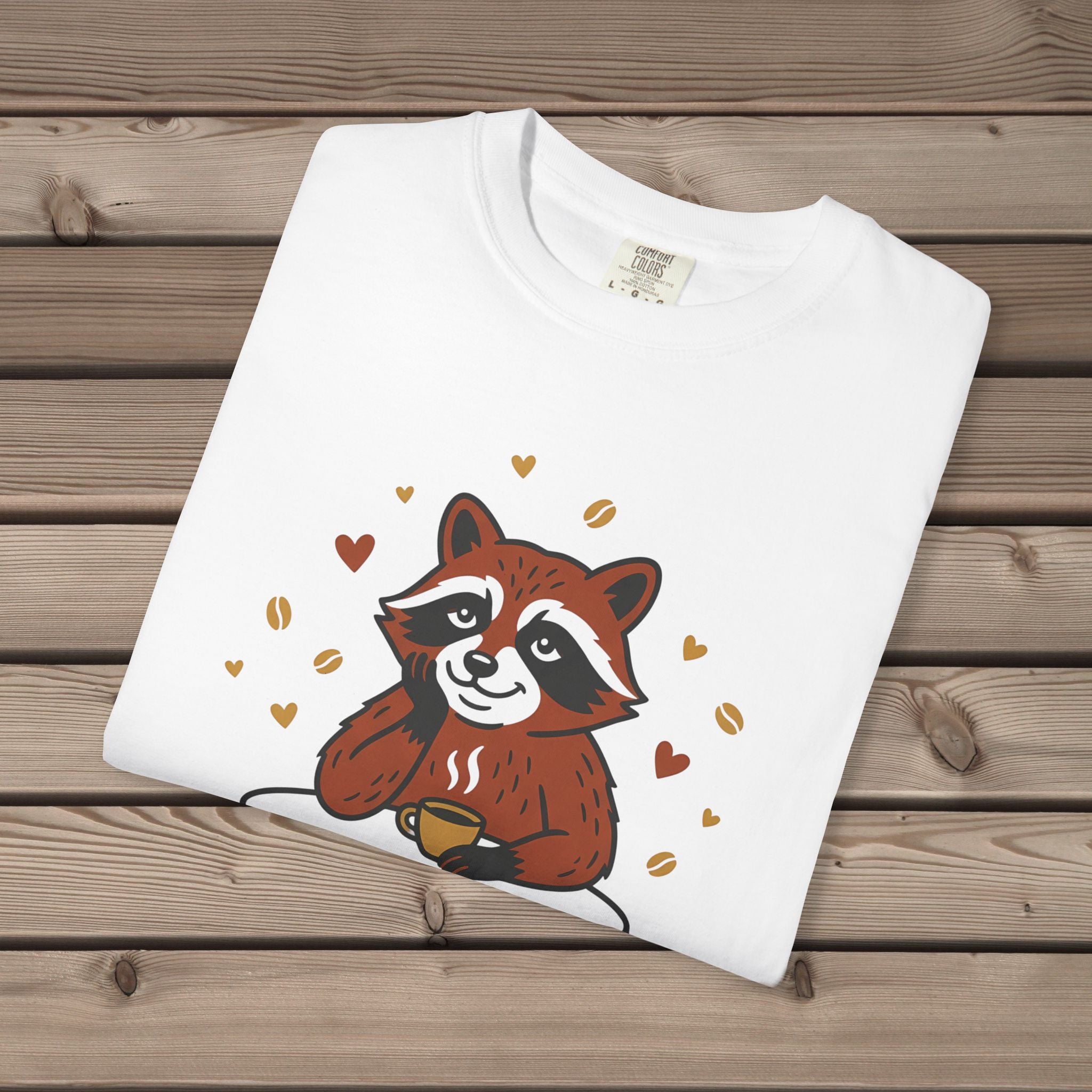 unisex graphic t-shirt with "Espresso Yourself, Raccoon" design