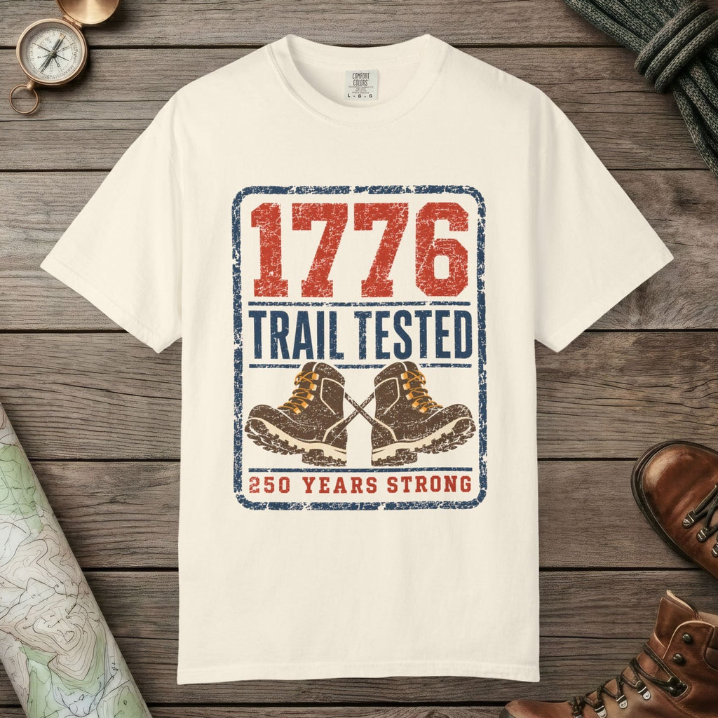 Ivory color unisex graphic t-shirt with "1776 Trail Tested" design