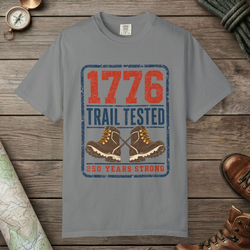 Grey color unisex graphic t-shirt with "1776 Trail Tested" design