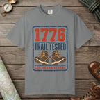 Grey color unisex graphic t-shirt with "1776 Trail Tested" design