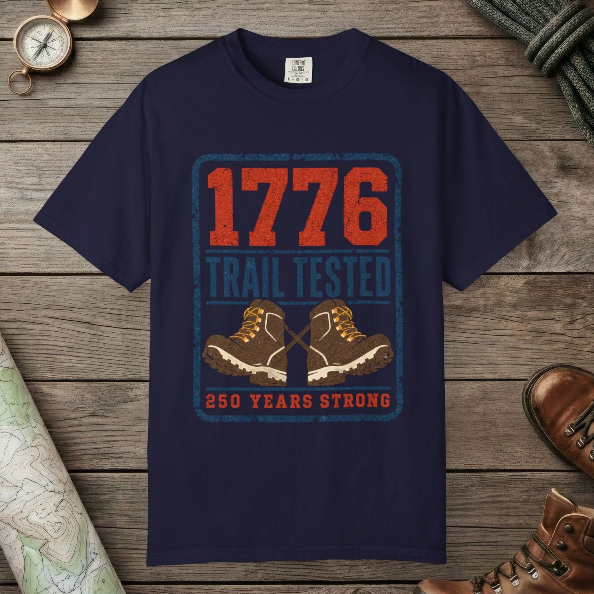 True Navy color unisex graphic t-shirt with "1776 Trail Tested" design