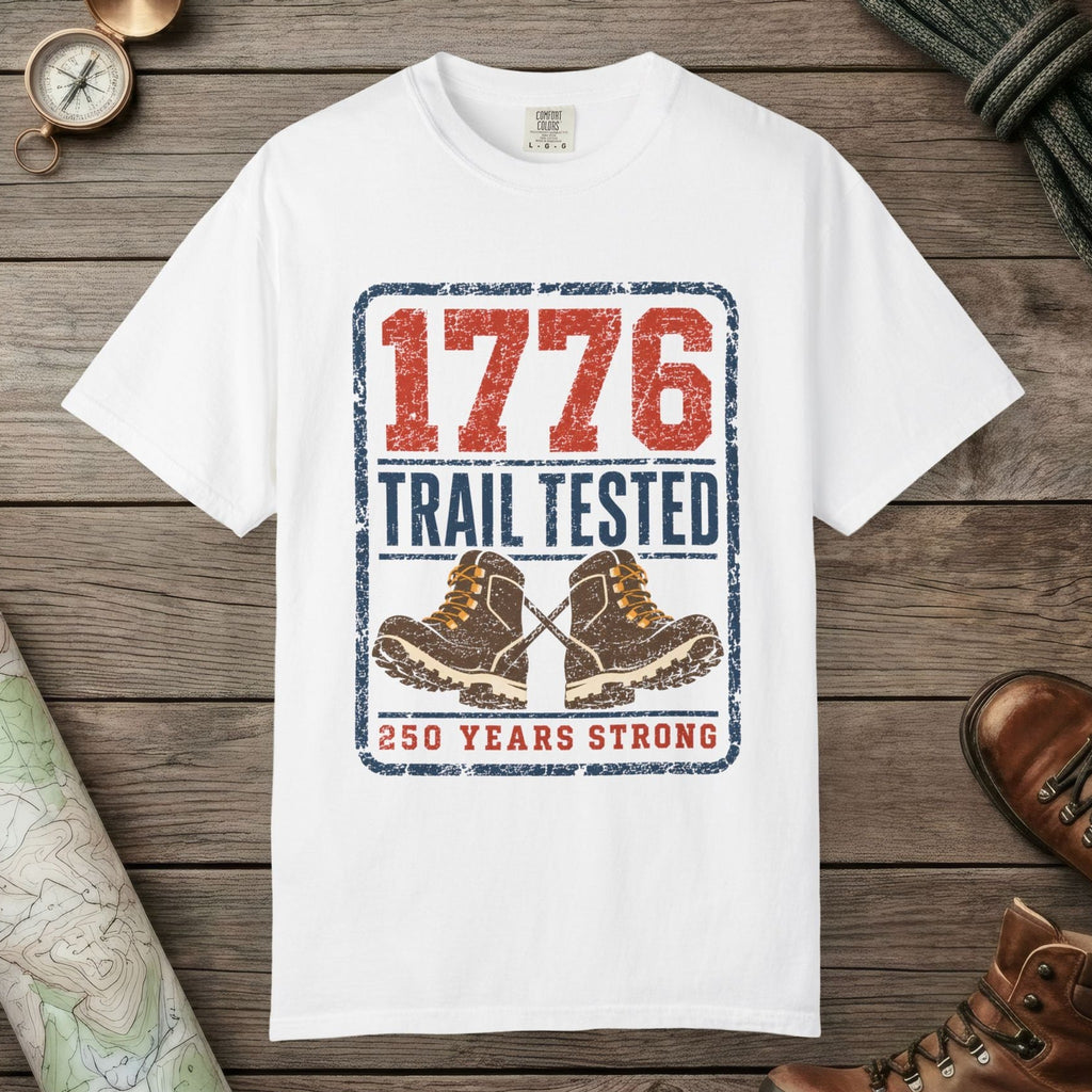 White color unisex graphic t-shirt with "1776 Trail Tested" design