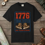 Black color unisex graphic t-shirt with "1776 Trail Tested" design