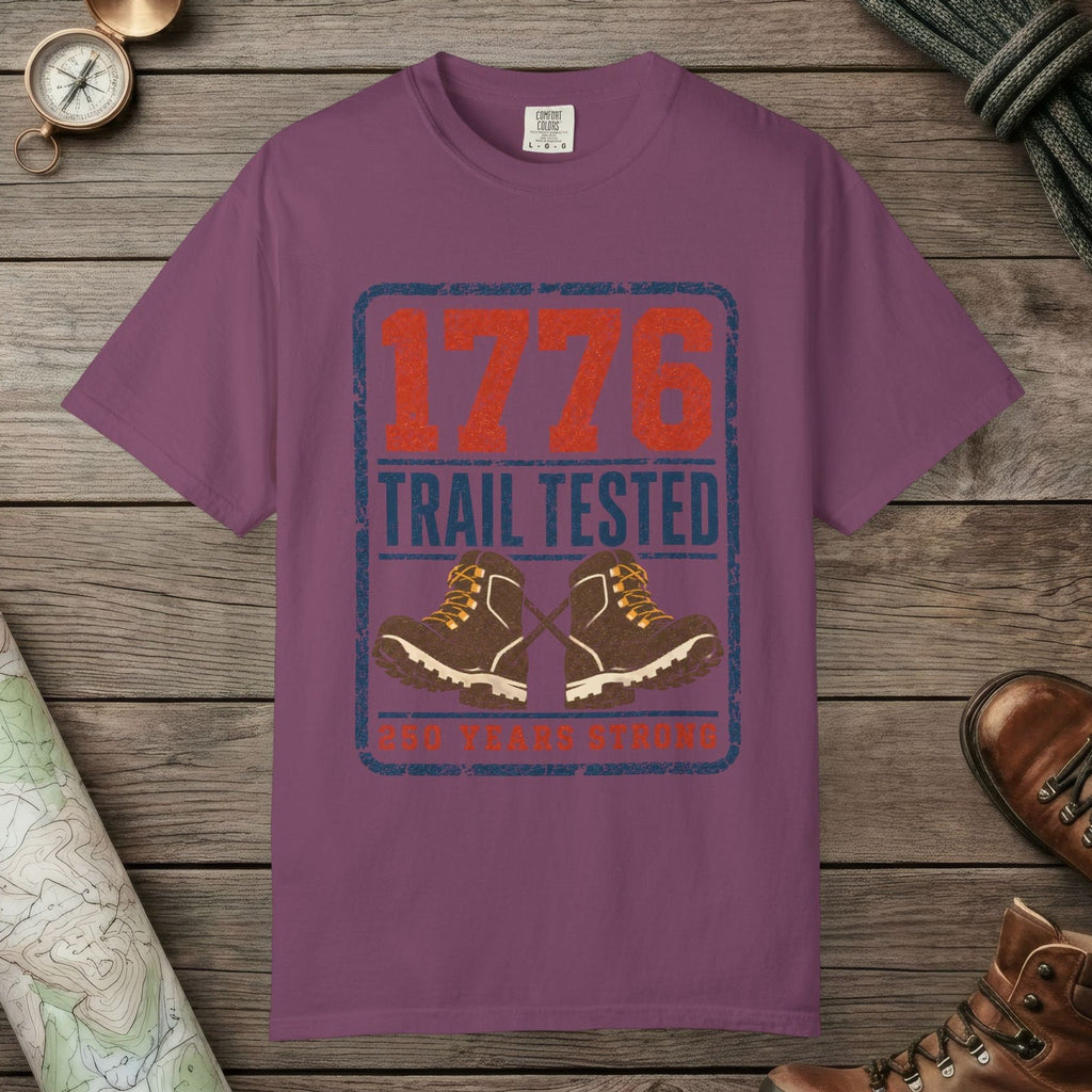 Berry color unisex graphic t-shirt with "1776 Trail Tested" design