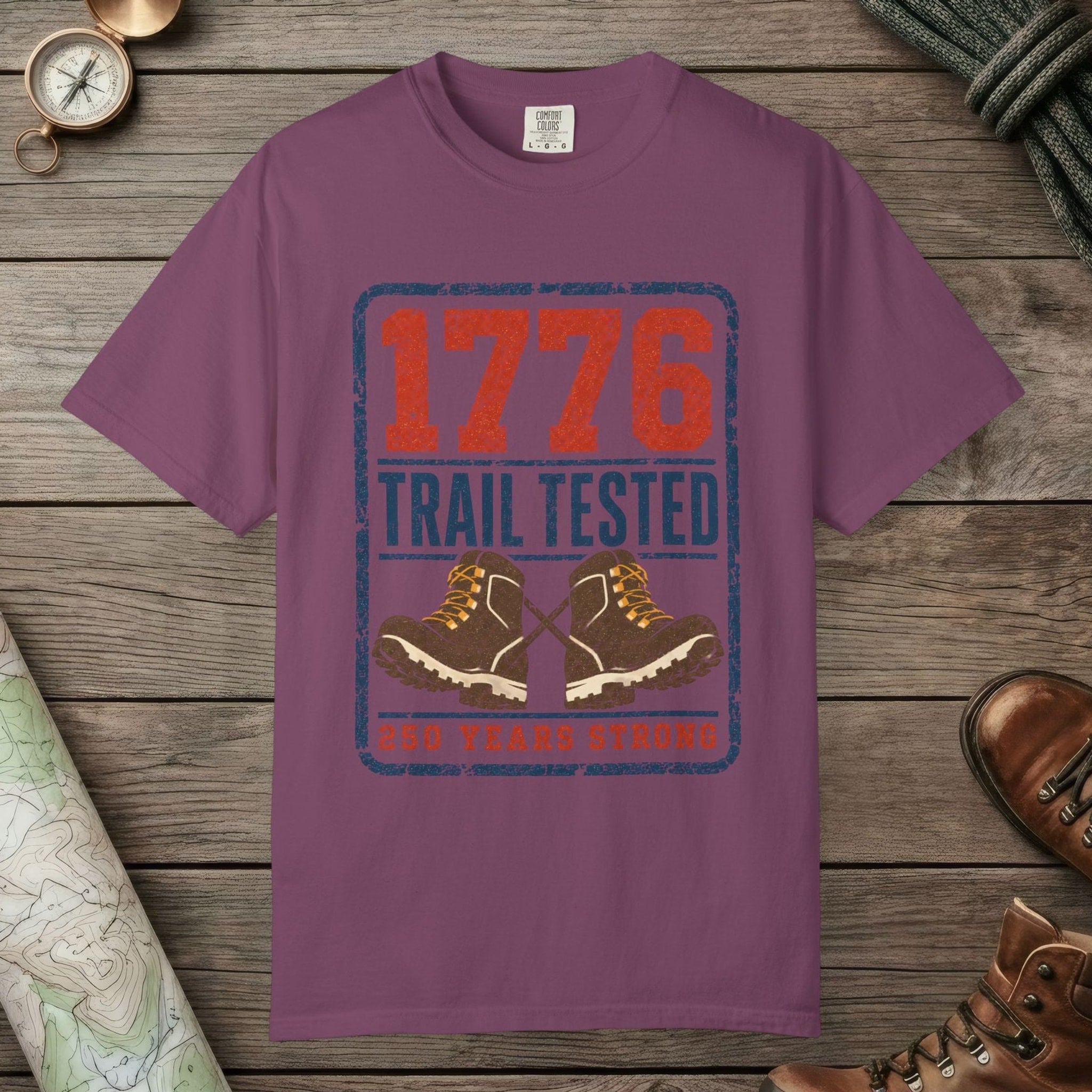 Berry color unisex graphic t-shirt with "1776 Trail Tested" design