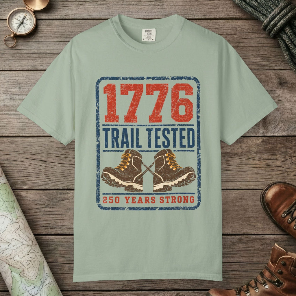 Bay color unisex graphic t-shirt with "1776 Trail Tested" design