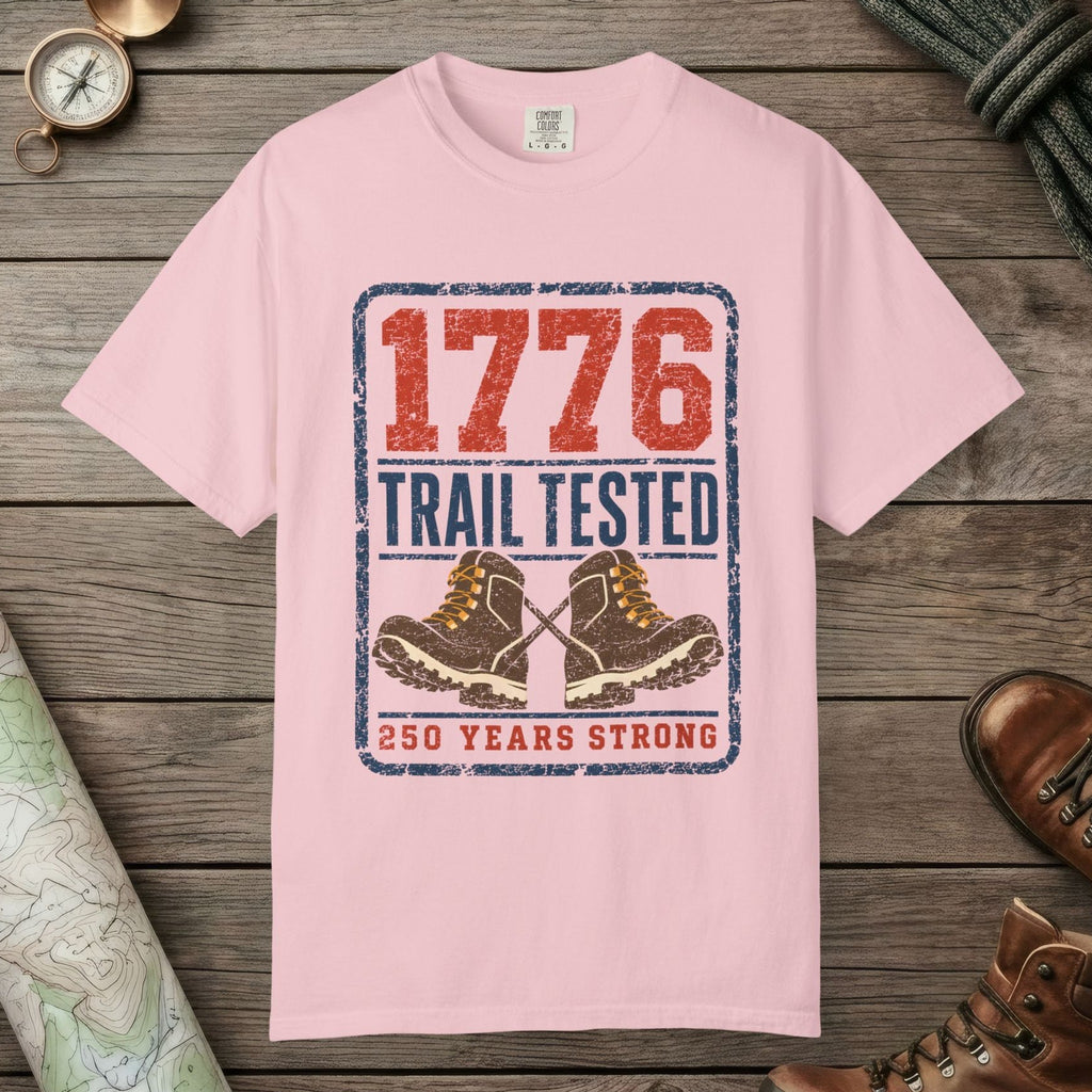 Blossom color unisex graphic t-shirt with "1776 Trail Tested" design