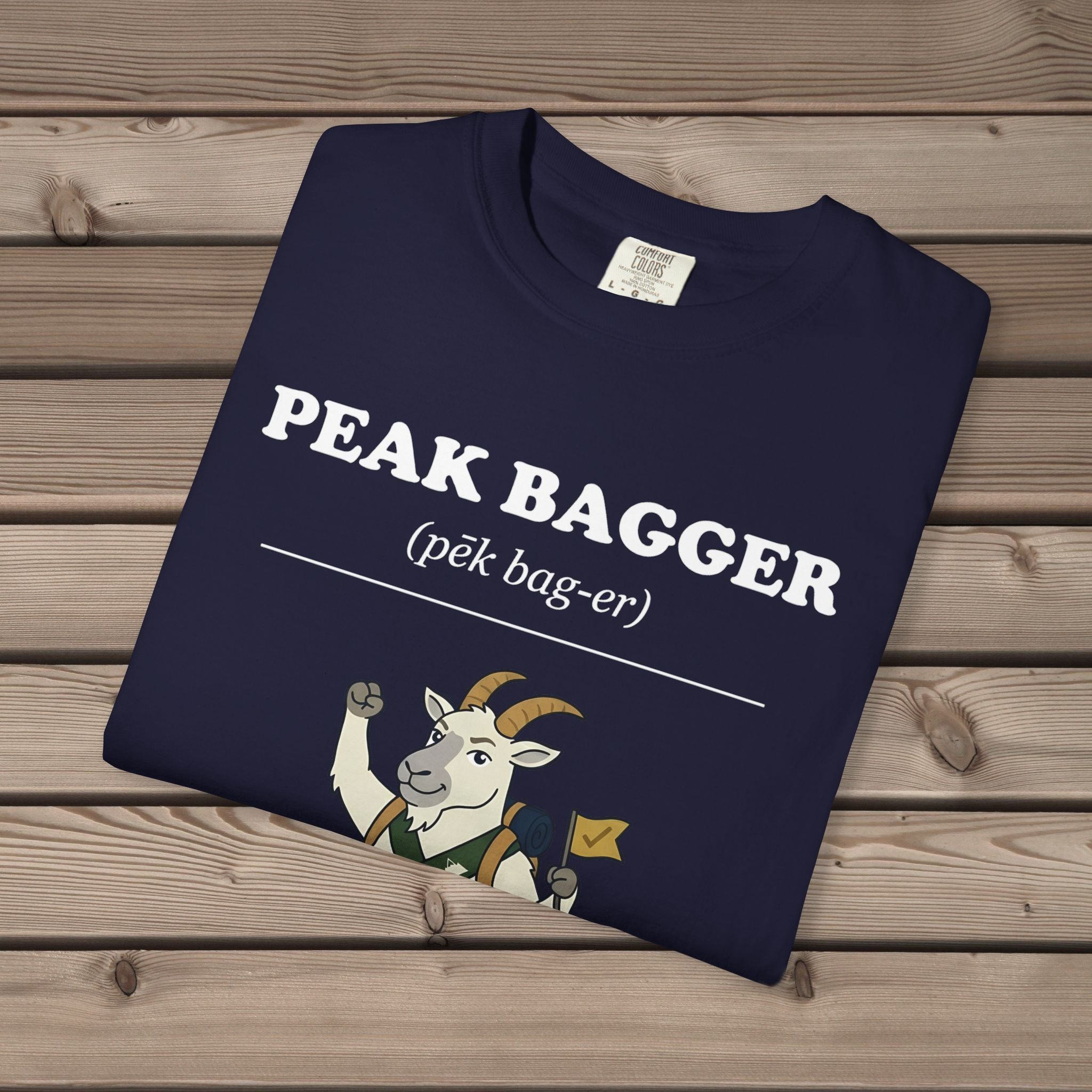 unisex graphic t-shirt with "Peak Bagger Definition" design