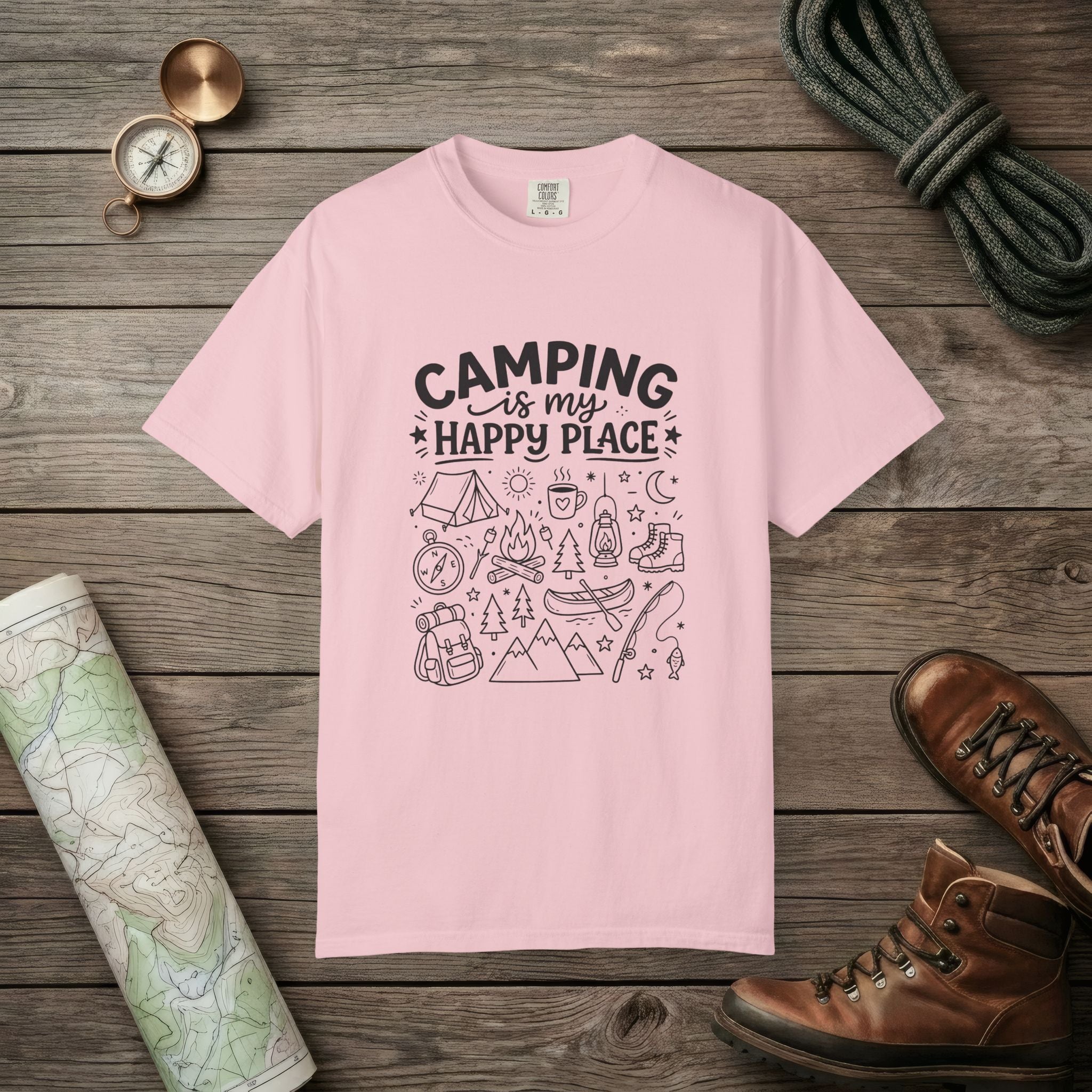 Camping Is My Happy Place Doodle T-Shirt