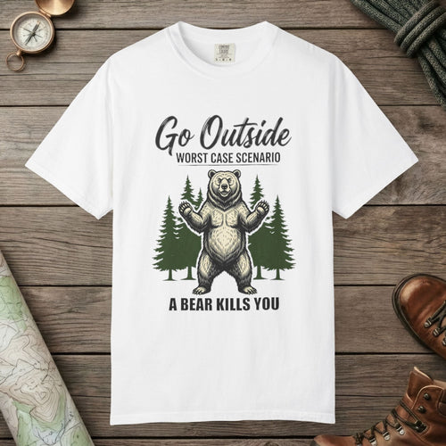 White color unisex graphic t-shirt with "A Bear Kills You" design