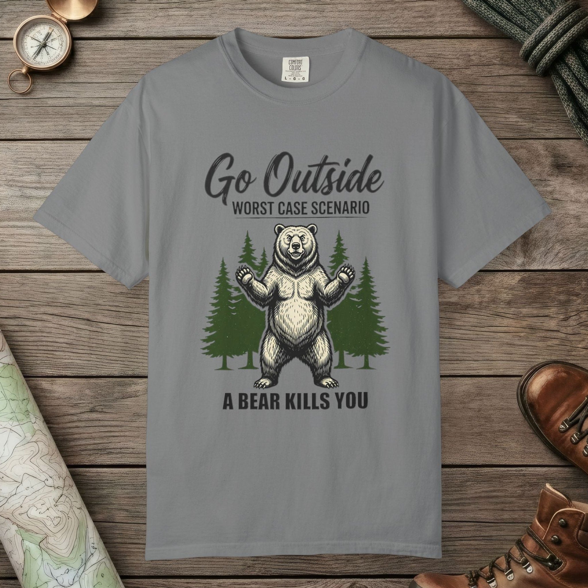 Grey color unisex graphic t-shirt with "A Bear Kills You" design