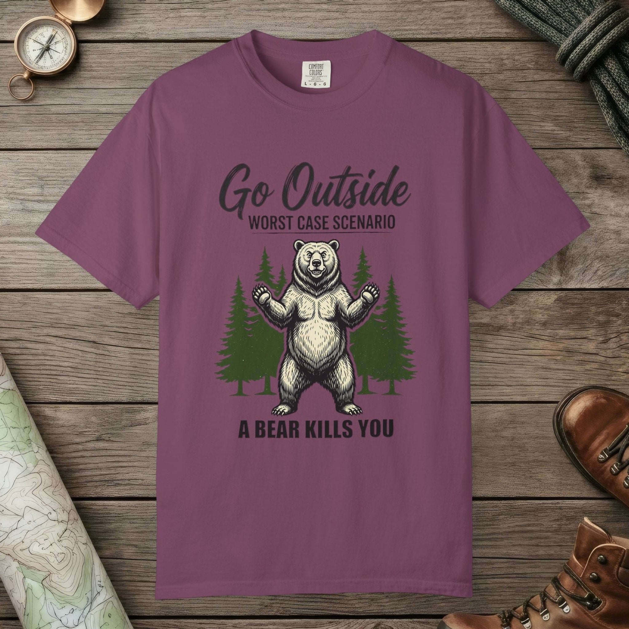 Berry color unisex graphic t-shirt with "A Bear Kills You" design