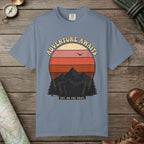 Blue Jean color unisex graphic t-shirt with "Adventure Awaits Retro Sunset" design