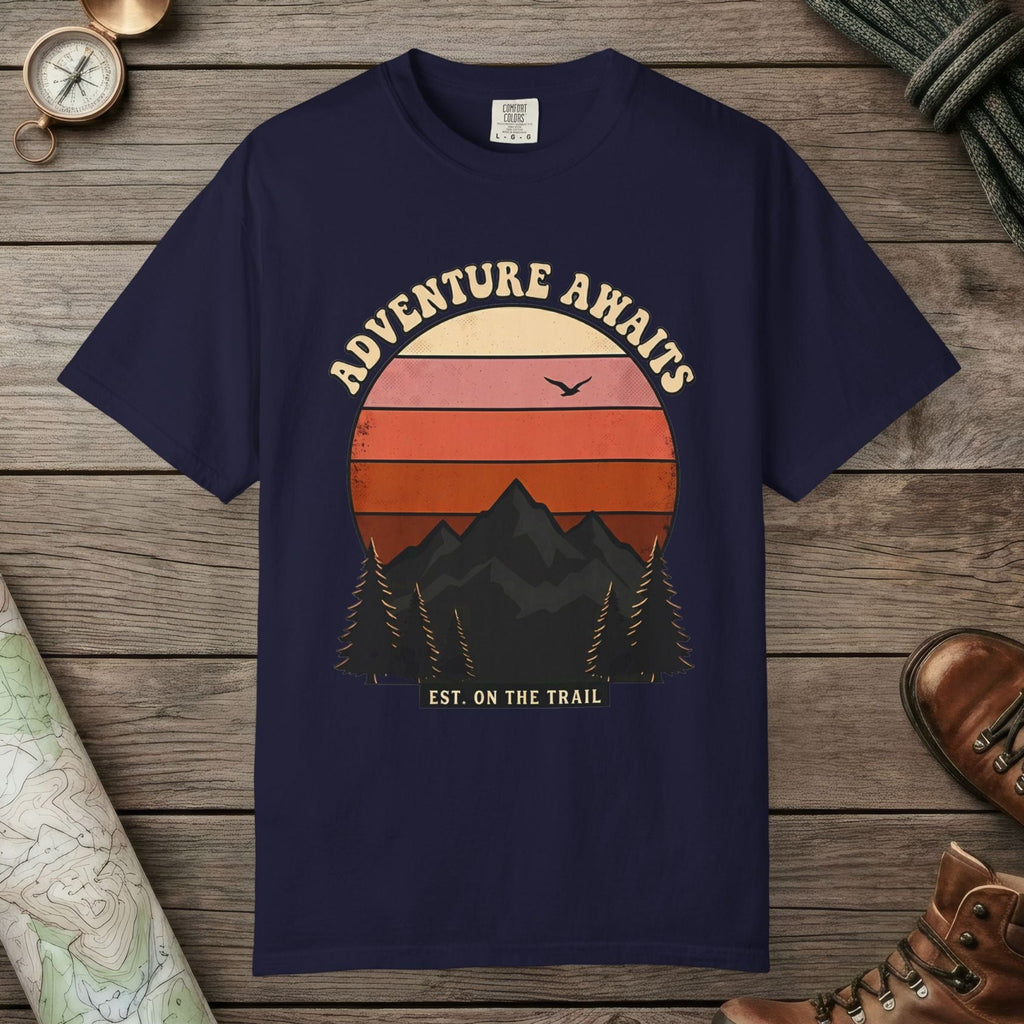 True Navy color unisex graphic t-shirt with "Adventure Awaits Retro Sunset" design