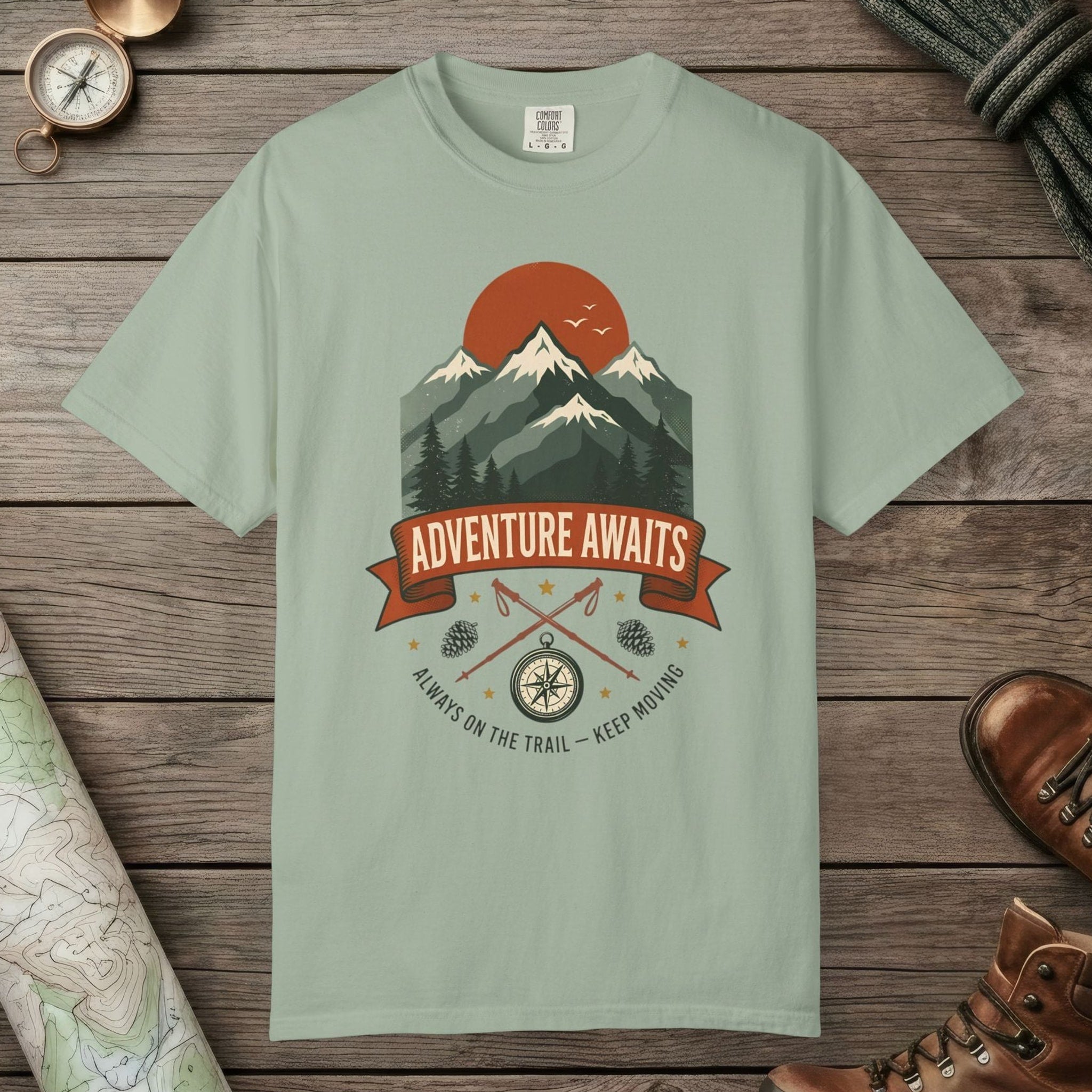 Bay color unisex graphic t-shirt with "Adventure Awaits" design