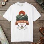 White color unisex graphic t-shirt with "Adventure Awaits" design