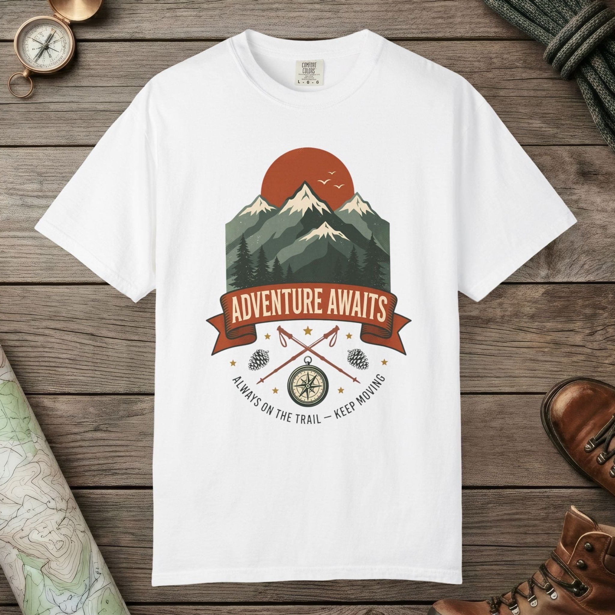 White color unisex graphic t-shirt with "Adventure Awaits" design