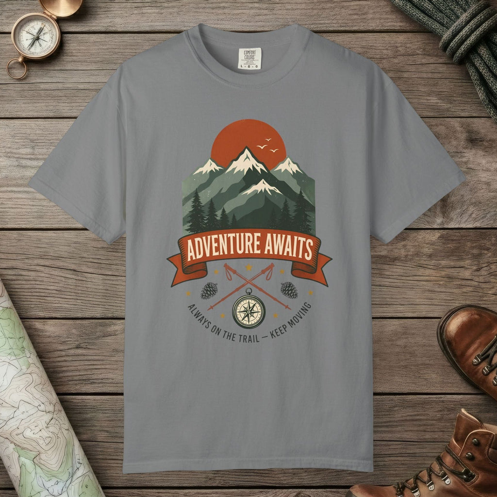 Grey color unisex graphic t-shirt with "Adventure Awaits" design