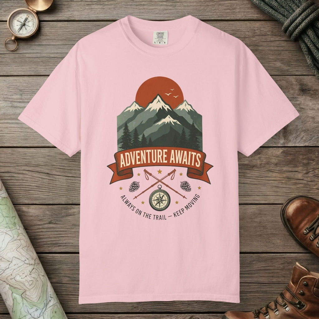 Blossom color unisex graphic t-shirt with "Adventure Awaits" design