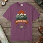 Berry color unisex graphic t-shirt with "Adventure Awaits" design