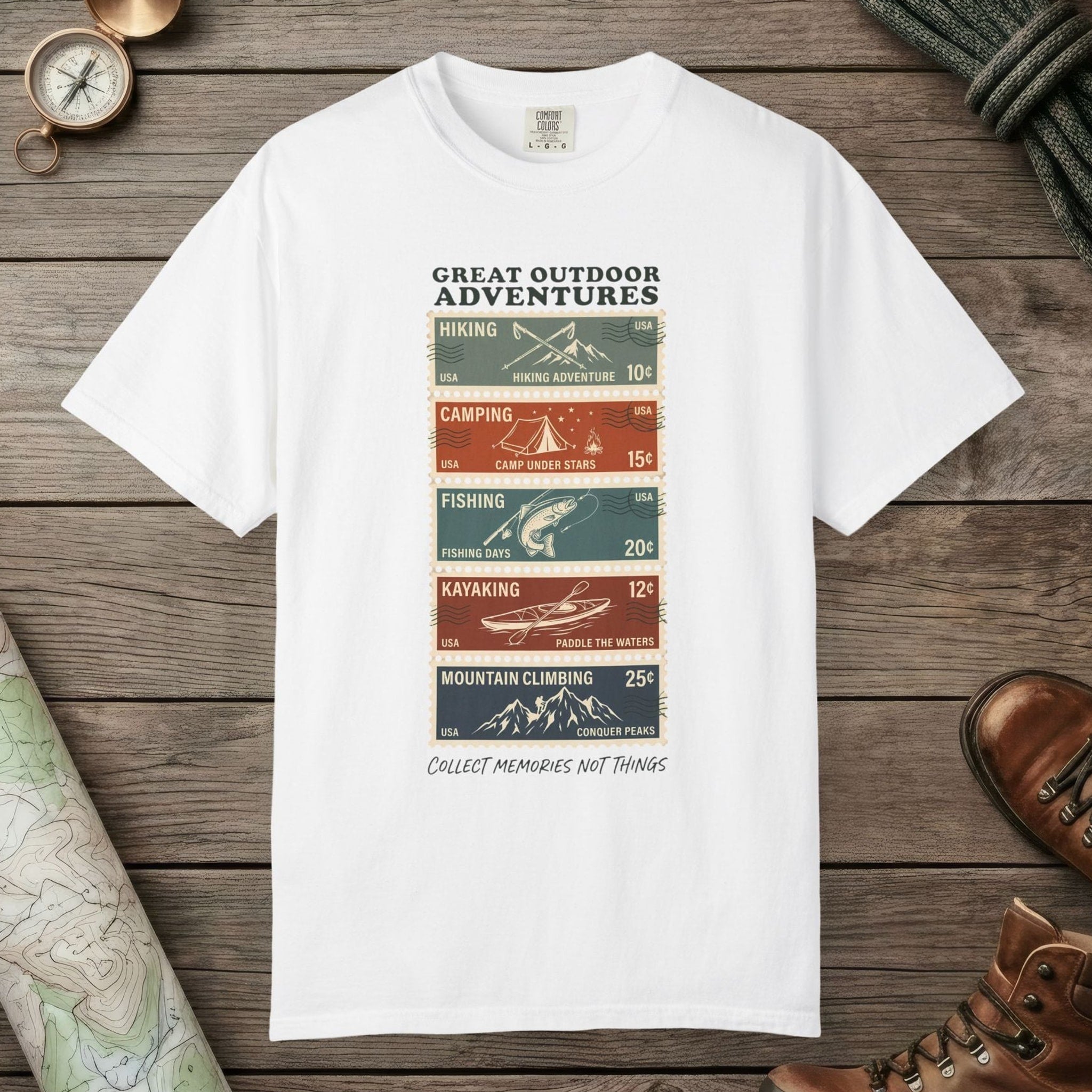White color unisex graphic t-shirt with "Adventure Stamps" design