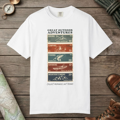 White color unisex graphic t-shirt with "Adventure Stamps" design