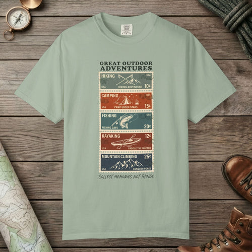 Bay color unisex graphic t-shirt with "Adventure Stamps" design