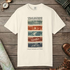 Ivory color unisex graphic t-shirt with "Adventure Stamps" design