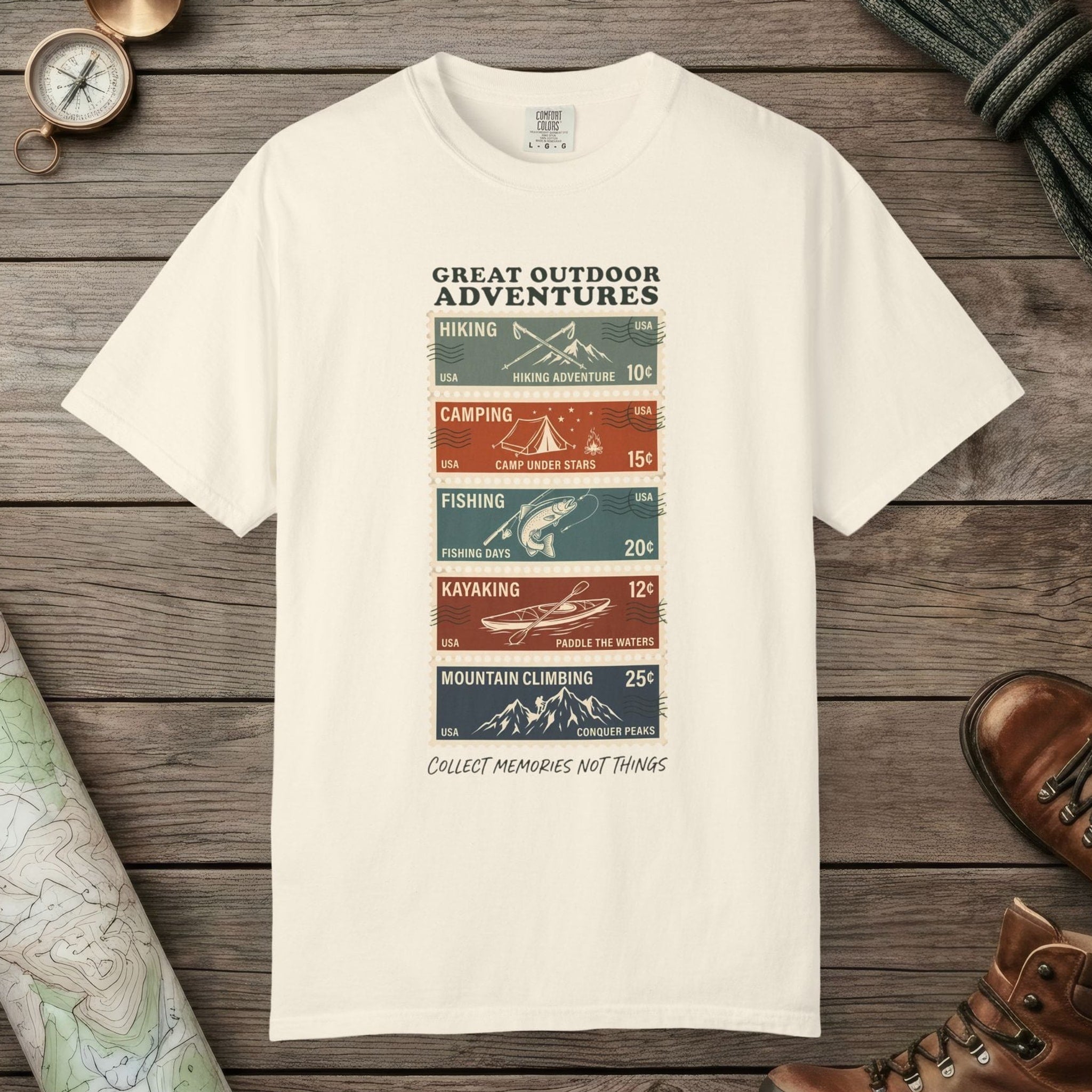 Ivory color unisex graphic t-shirt with "Adventure Stamps" design