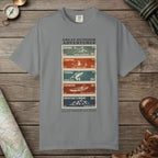 Grey color unisex graphic t-shirt with "Adventure Stamps" design