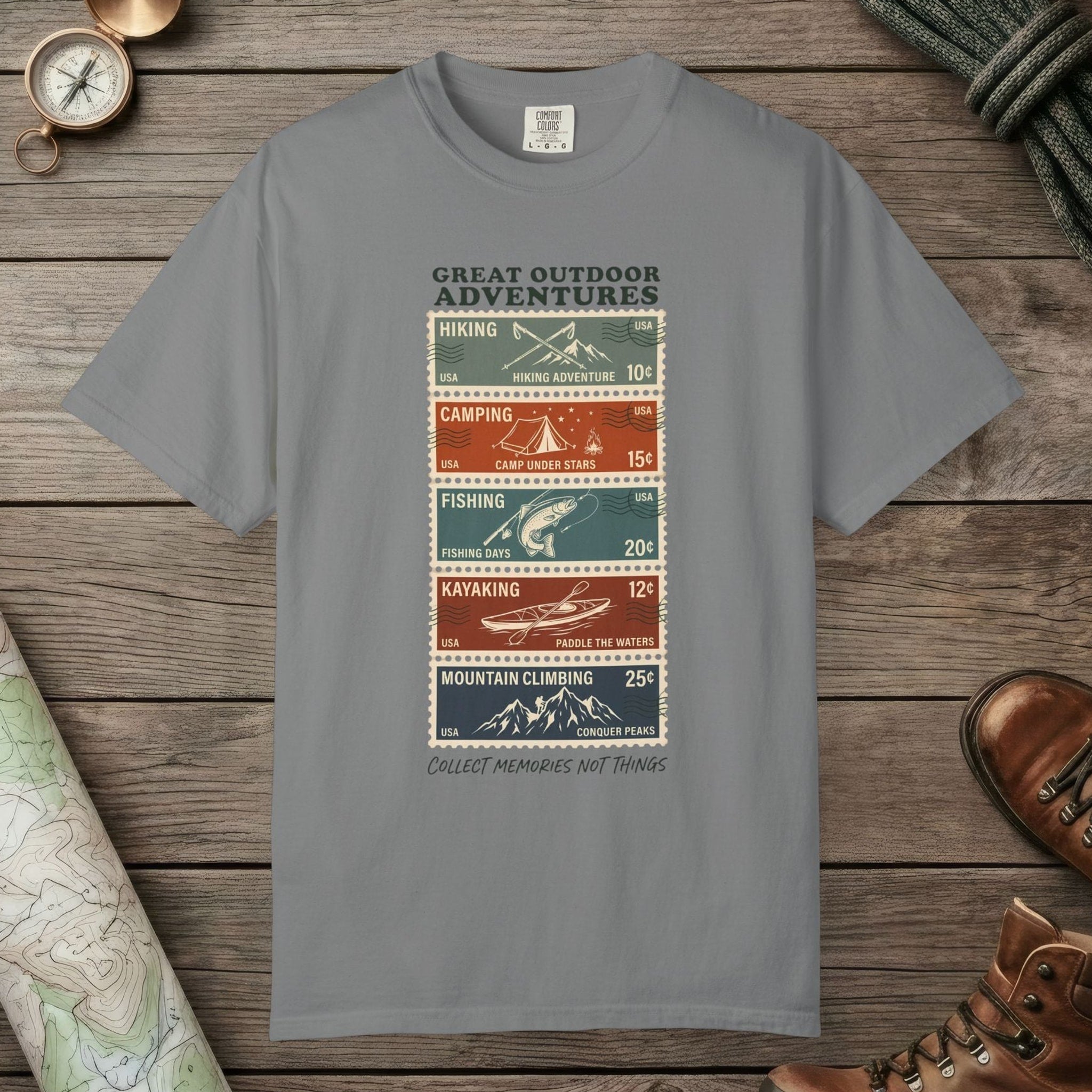 Grey color unisex graphic t-shirt with "Adventure Stamps" design