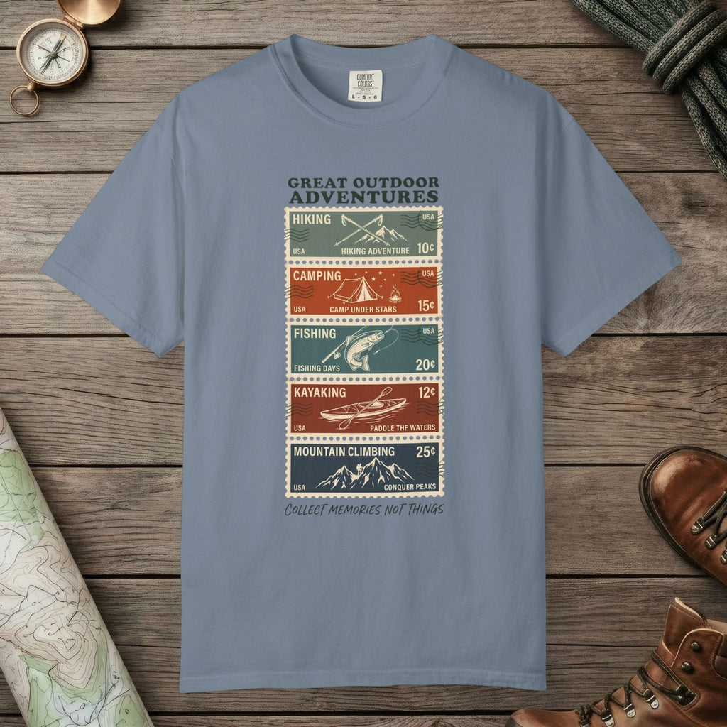 Blue Jean color unisex graphic t-shirt with "Adventure Stamps" design