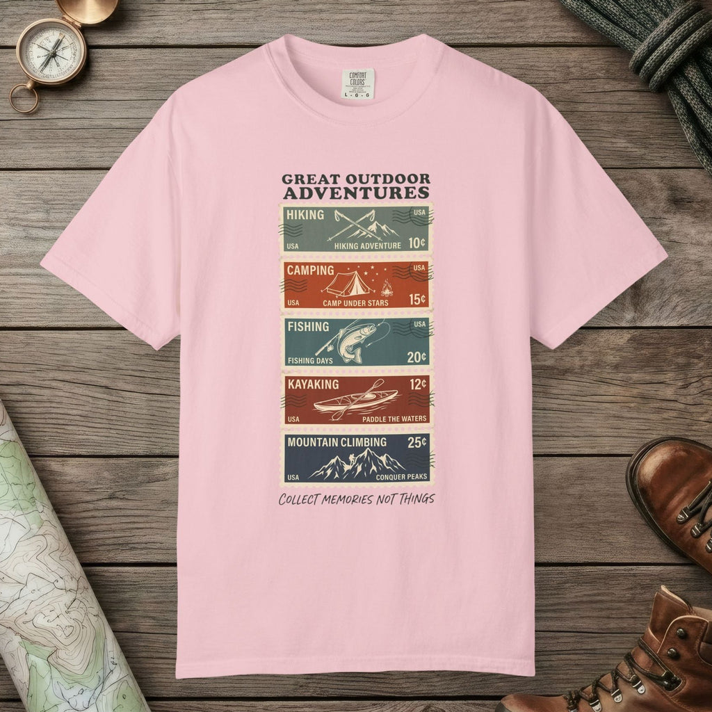 Blossom color unisex graphic t-shirt with "Adventure Stamps" design