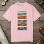 Blossom color unisex graphic t-shirt with "Adventure Stamps" design