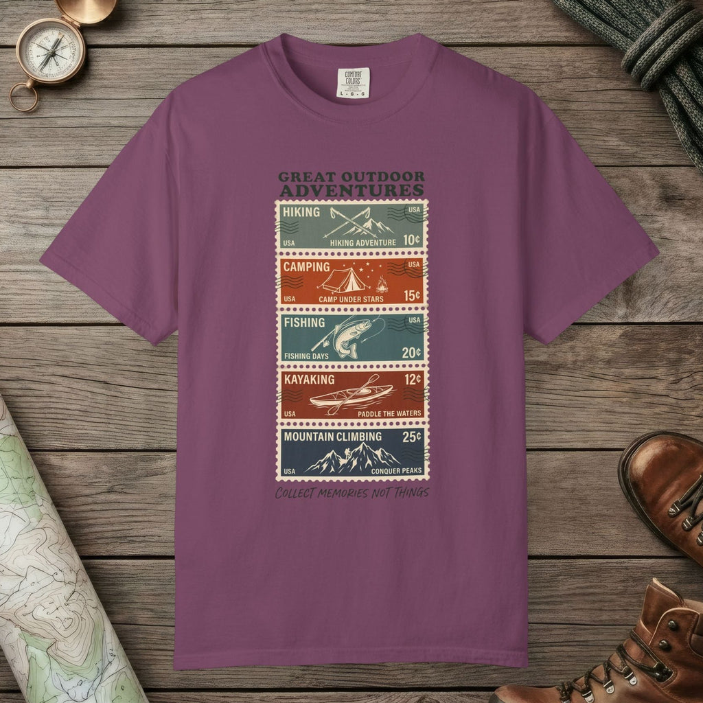 Berry color unisex graphic t-shirt with "Adventure Stamps" design