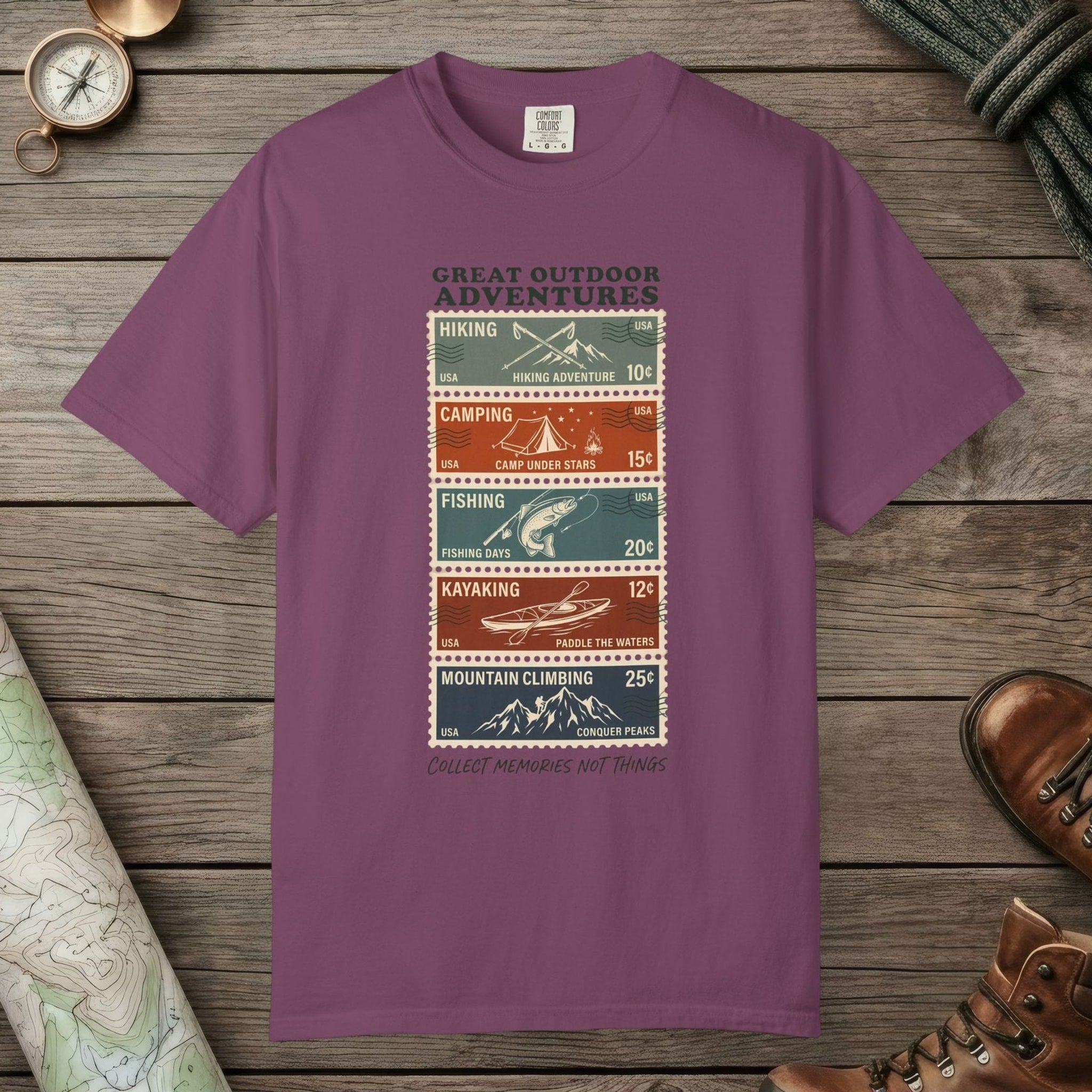 Berry color unisex graphic t-shirt with "Adventure Stamps" design