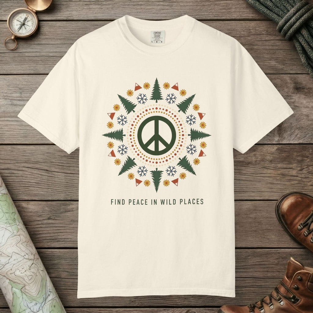 Ivory color unisex graphic t-shirt with "Alpine Peace Mandala" design