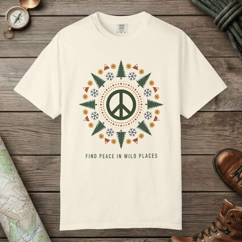Ivory color unisex graphic t-shirt with "Alpine Peace Mandala" design