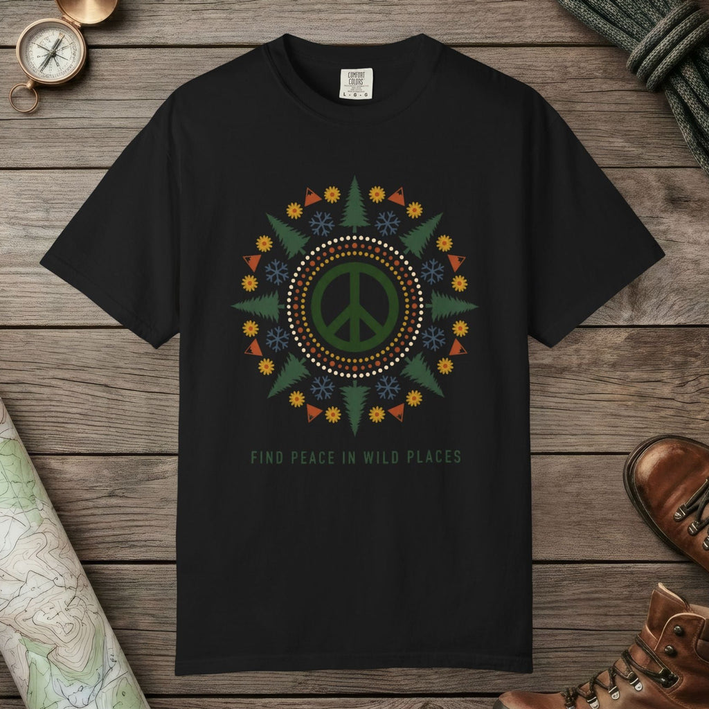 Black color unisex graphic t-shirt with "Alpine Peace Mandala" design