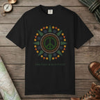 Black color unisex graphic t-shirt with "Alpine Peace Mandala" design