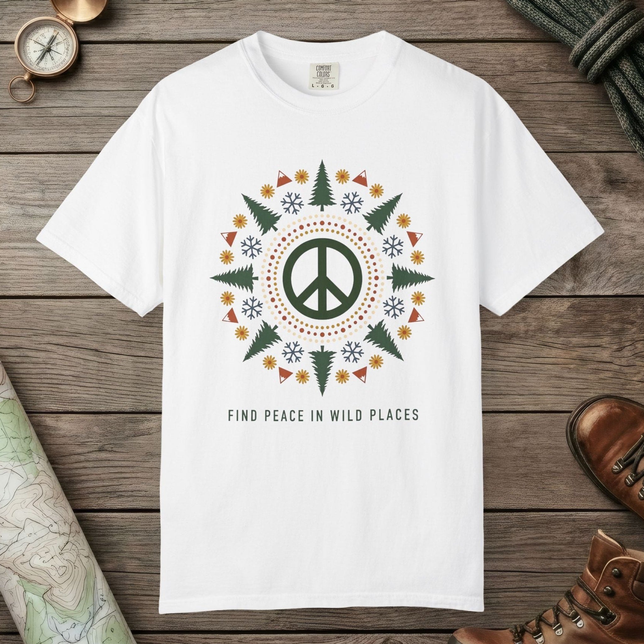 White color unisex graphic t-shirt with "Alpine Peace Mandala" design