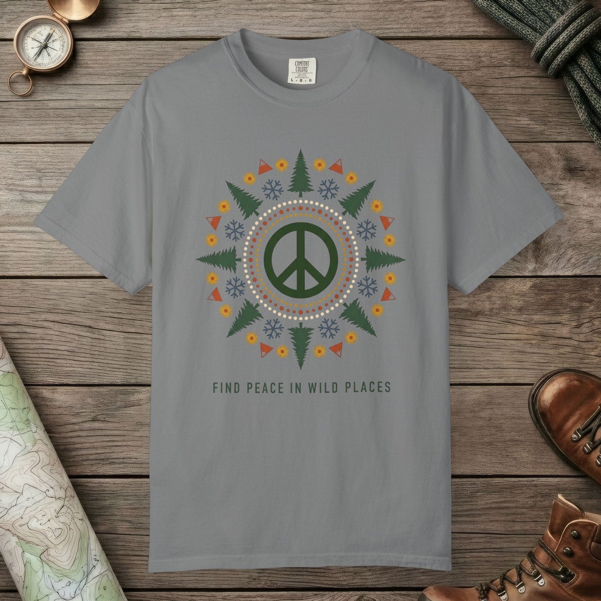 Grey color unisex graphic t-shirt with "Alpine Peace Mandala" design