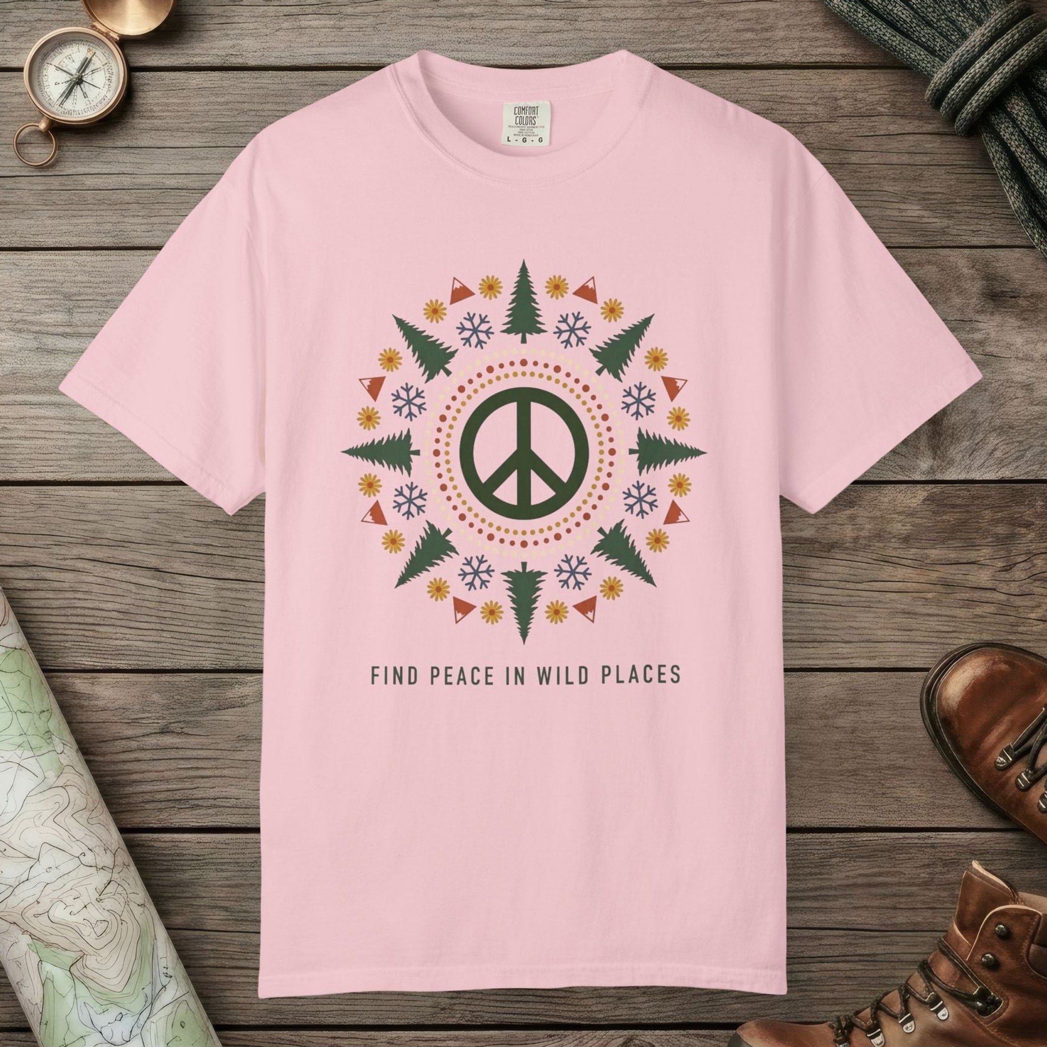 Blossom color unisex graphic t-shirt with "Alpine Peace Mandala" design