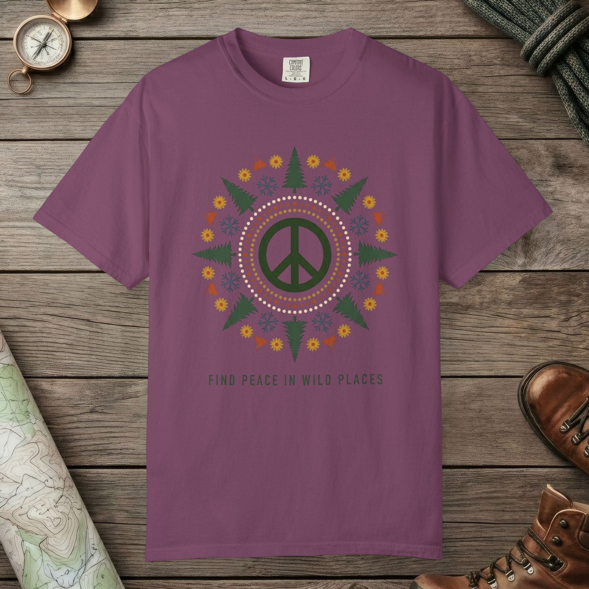 Berry color unisex graphic t-shirt with "Alpine Peace Mandala" design